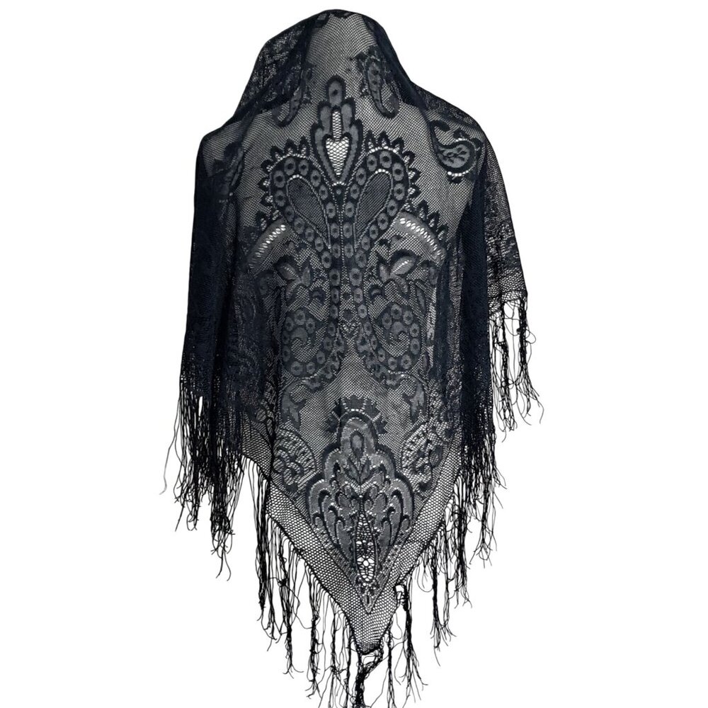Vintage 1970s Black Lace Fringed Shawl English Village Japan Boho Goth Wrap - Picture 4 of 5